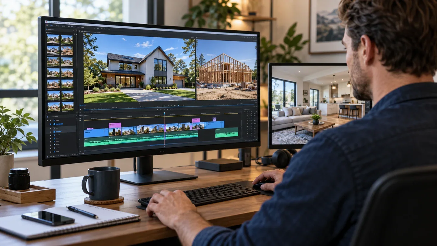 Profissional editando vídeos de casas e construção em uma estação de trabalho.